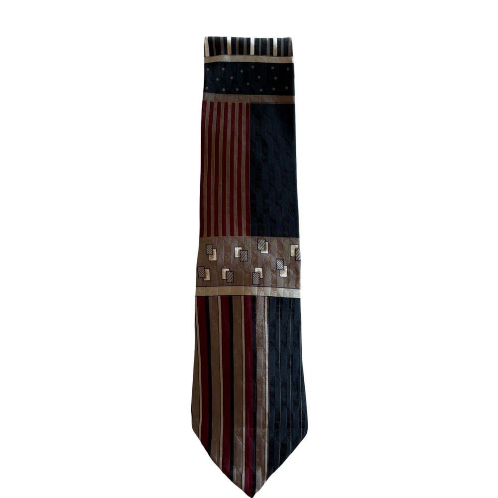 Emilio Pucci Mens Silk Tie Handmade Italy Geometric Stripe Pattern Red Blue Gray